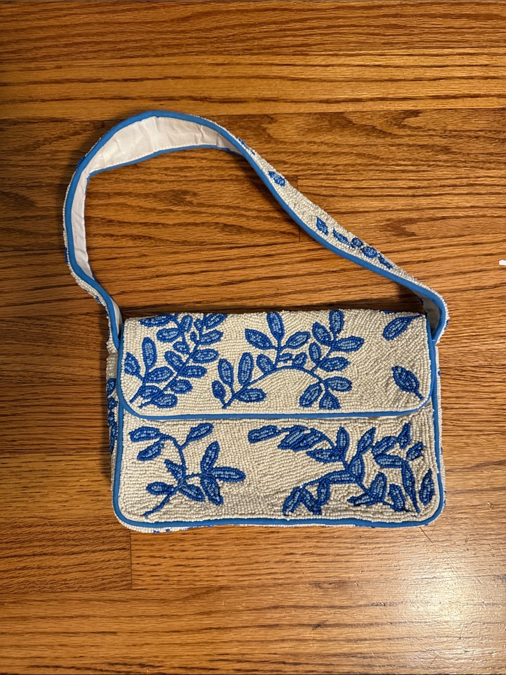 Beaded Shoulder Bag with Blue Floral Embroidery